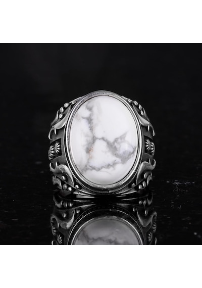 Doğal Howlite Taşlı Gümüş Yüzük, 925 Ayar Katı Gümüş Erkek Yüzüğü, Tasarım Gümüş Erkek Yüzüğü Gümüş