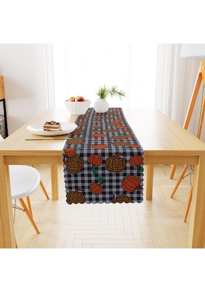 Bal Kabağı Desenli Siyah Beyaz Pötikareli Dijital Baskılı Petek Dokuma Runner 40x140