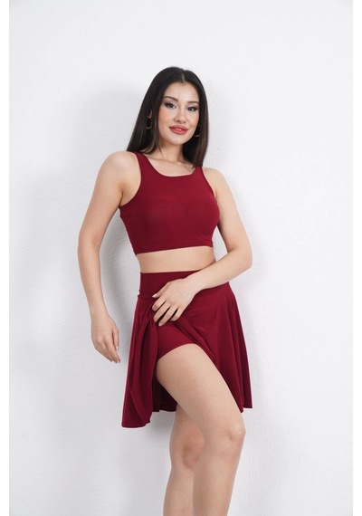 Primemagazam Sendy Kumaş Bisiklet Yaka Crop Şortlu Etek İkili Takım - Bordo Çeşitli