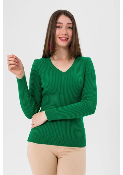 Miss Poem Kadın V Yaka Slim Fit Fitilli Uzun Kışlık Benetton Triko Kazak Yeşil