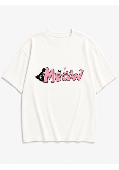 Montree Kedi Meow Baskılı Oversize %100 Pamuk Premium Tişört Beyaz