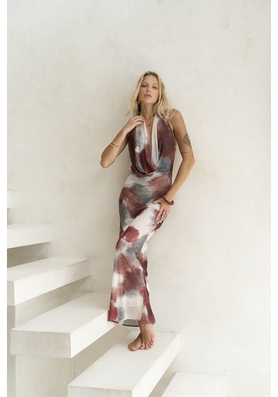 Mai Collection Mai Studios Co. Galagher Degaje Bordo Uzun Elbise Bordo