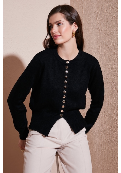 Lela Premium Comfort Fit Yuvarlak Yaka Crop Triko Bayan Hırka 680Hi00164 Siyah