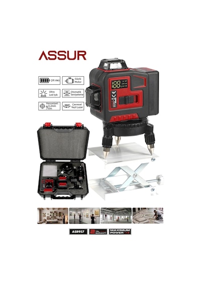Assur Asr910 360 12 Köşe Su Terazili Lazer Metre Hizalama Kırmız