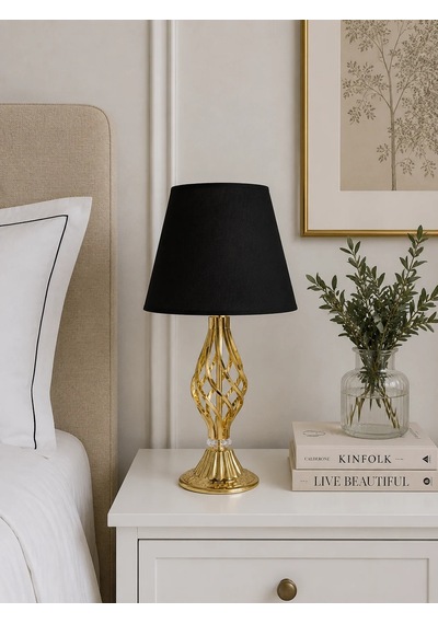 Siyah Kumaş Başlık Gold Metal Burgu Ayaklı Modern Abajur 50x25cm
