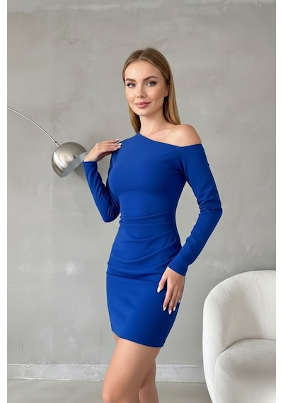 Zedefx Kadın Tek Omuz Bodycon Elbise Mavi