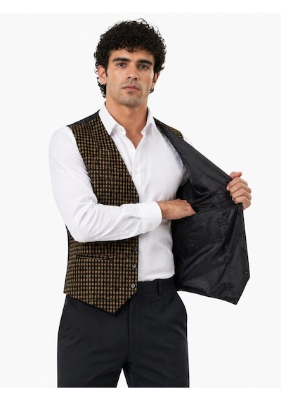 Ertaştrendstore Erkek Dokuma Yelek 5 Cepli 4 Dış 1 İç Cep Düğmeli Günlük Klasik Yelek - Kahverengi Çoklu Renk