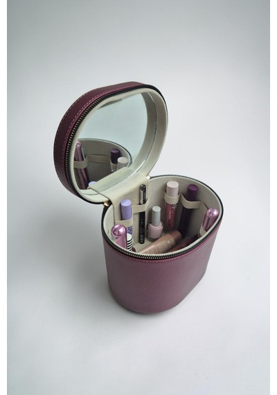 Makyaj Düzenleyici Aynalı Makyaj Çantası Bordo Bölmeli Taşınabilir Kozmetik Organizer 19x15x16 Cm