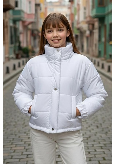 Veraura Lifestyle Kız Çocuk Beyaz Çıtçıtlı Fermuarlı Şişme Mont