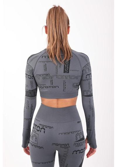 Maraton Active Slimfit Kadın Bisiklet Yaka Uzun Kol Koşu Antrasit Crop Top 816025 Antrasit