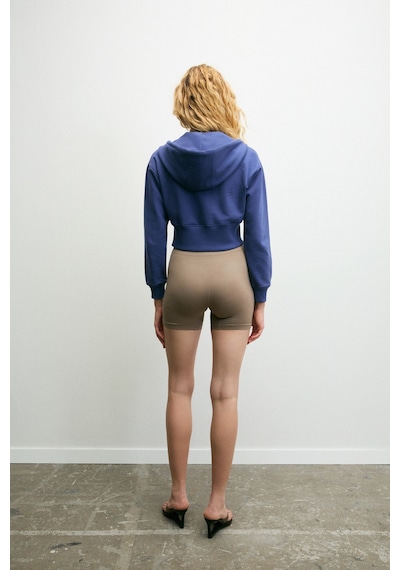 Grımelange Elara Kadın Metal Fermuarlı Nakışlı Kapüşonlu Crop İndigo Sweatshirt İndigo
