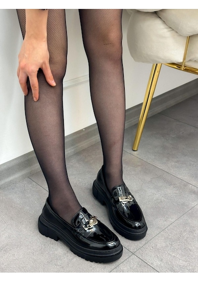 Erva'nın Butiği Siyah Rugan Chain Toka Detay Kadın Loafer-4877
