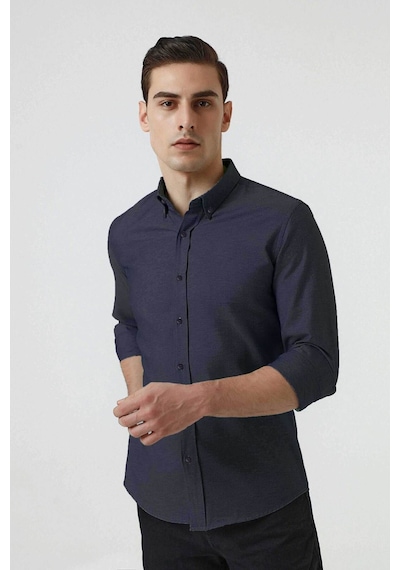 D'S Damat Ds Damat Slim Fit Armürlü Düğmeli Yaka Pamuklu Gömlek 5HC02ORT07265 - Lacivert