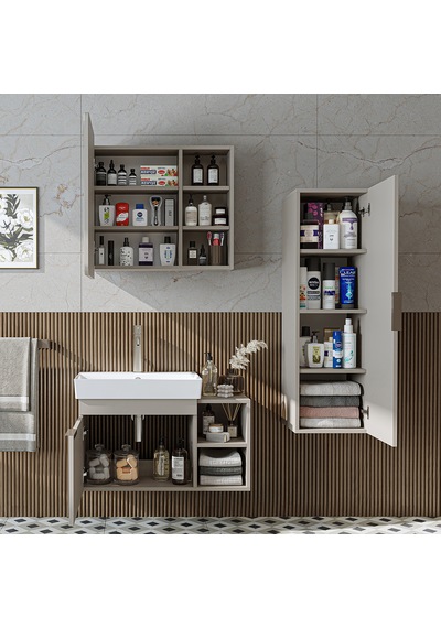 Likya Kapaklı Açık Raflı Mdflam Lavabolu 82 Cm Banyo Alt Dolabı +banyo Üst Dolabı + Banyo Boy Dolabı Kumtaşı Kül Gri Likya Kapaklı Açık Raflı Mdflam Lavabolu 82 Cm Banyo Alt Dolabı +banyo Üst Dolabı + Banyo Boy Dolabı Kumtaşı Kül Gri