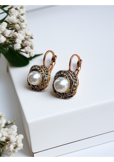 Black Diamond İ Taşlı Inci Sallantılı Küpe Gri