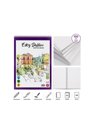 Lona Lucy A4 Spiralli Eskiz Defteri, 100 Gr/m² Kalın Kağıt, 50 Yaprak, Çizgisiz, Karakalem Ve Teknik Çizim İçin,