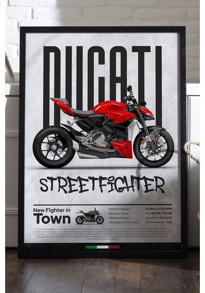 Ducati Street Fighter V4 Siyah Ahşap Çerçeveli Poster, Dekoratif Motosiklet Duvar Tablosu