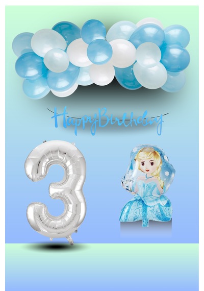 3 Yaş Frozen Tema Prenses Folyo Balon Mavi Beyaz Balon Gümüş Rakam Mavi Banner Doğum Günü Seti Çok Renkli
