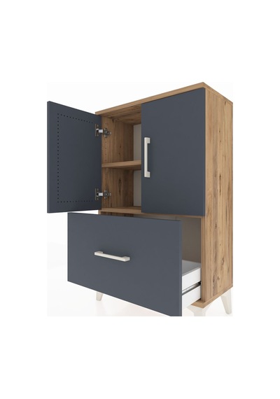 Arges Komodin 2 Raflı Tek Çekmeceli 2 Kapaklı 60x30x96 Çam-antrasit Atlas Çam