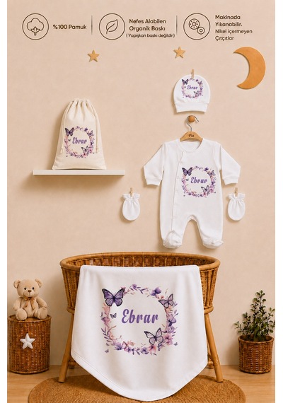 Pia Baby Kız Bebek Hastane Çıkışı İsme Özel Battaniye Tulum Seti %100 Pamuk Ham Bez Kıyafet Keseli Kız Bebek Hediyesi 1043btkyx Ekru