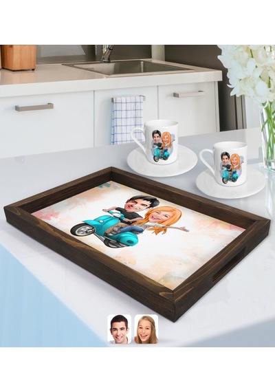Kişiye Özel Sevgililer Karikatürlü Doğal Ahşap Tepsi Ve 2 Li Kahve Fincan Seti-99