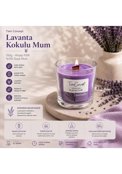 Tiem Concept Kokulu Mum - 150 Gr Ahşap Fitilli Kokulu Mum /%100 Doğal Soya Mumu / Özel Hediye Kutulu / Parafinsiz Saf Soya Wax Lavanta Diğer