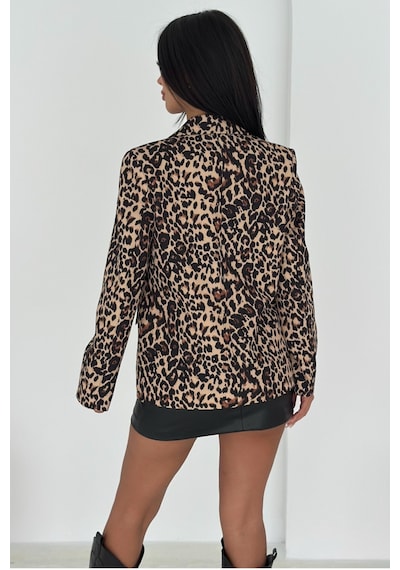 Femelle Kahverengi Leopar Desenli Blazer Ceket Vatkalı İçi Astarlı