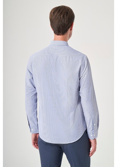İmza Düğmeli Yaka Uzun Kol Cepsiz Slim Fit Pamuklu Gömlek 1004260205 Beyaz - K.mavi