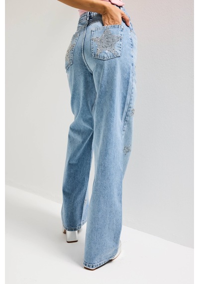 Itsbasic Kadın Mavi T1-12s6-99 Straight Fit Parlak Yıldız Taşlı Özel Tasarım Denim Jean