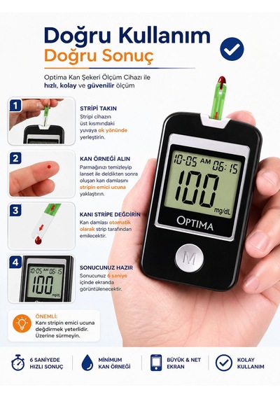 Şeker Ölçüm Cihazı + 100 Adet Test Stripli Set Hızlı & Doğru Ölçüm