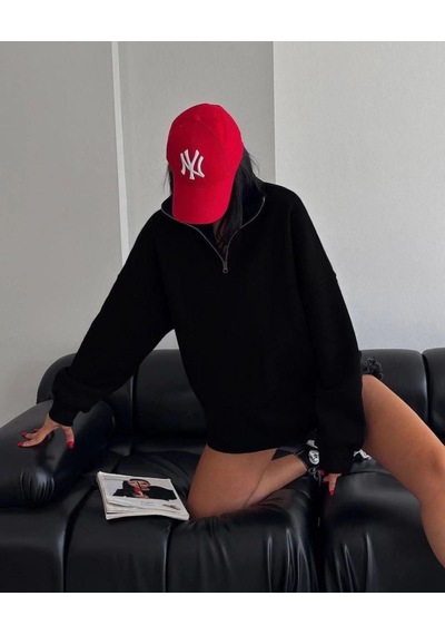 Mbb E-ticaret Kadın 3 İplik Pamuklu Oversize Yarım Fermuarlı Yakalı Basic Sweatshirt - Siyah