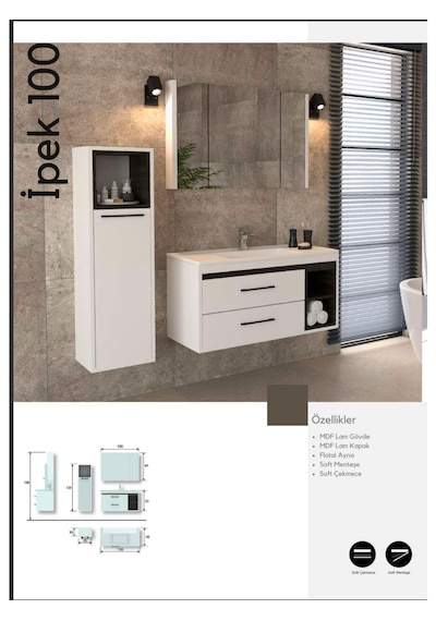 Evros İpek 100 Cm Banyo Dolabı Boy Dolabı Dahil Beyaz