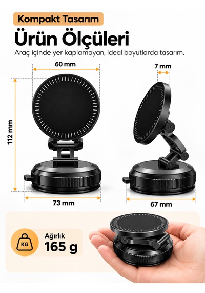 25w Hızlı Şarjlı Mıknatıslı Vakumlu Araç İçi Telefon Tutucu Katlanabilir Araba Telefon Tutacağı Siyah