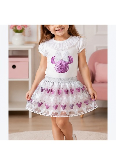Candar 1-2-3 Yaş Kız Bebek 2'li Takım Payetli Mickey Nakışlı Kısa Kollu Üst Ve Brode Etek Fuşya