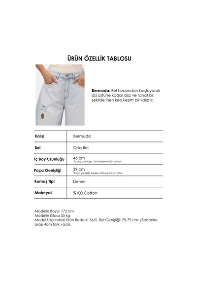 it's basic Kadın Kot Renk 12s6-100 Maxi Boy Tasarım Bermuda Şort