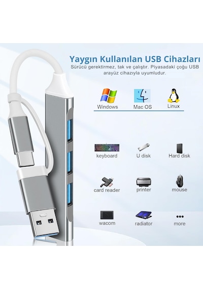 Alfais 6033 Usb 3.0 Type C Hub 4 Port Çoklayıcı Çoğaltıcı Çevirici Dönüştürücü Adaptör