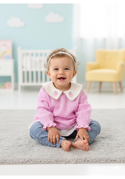 Alpbebe Çilek Yakalı Müslin Gömlekli Kot Pantolonlu 2'li Takım Pembe