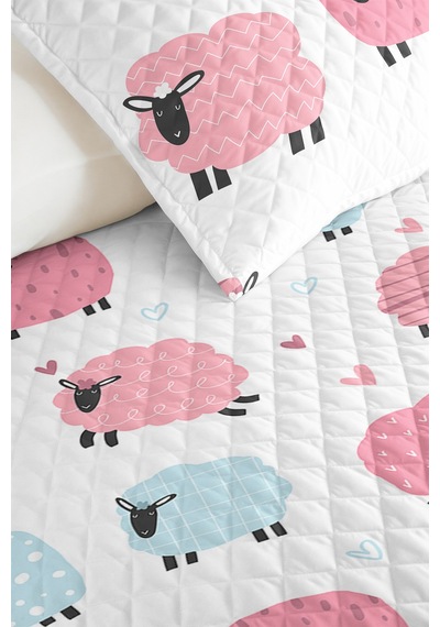 Evimde Bambaşka Pembe Mavi Kuzu Çocuk Odası Dekoratif Pike Takımı-sevimli Pudra Bebek Odası Yatak Örtüsü-160x220  CM