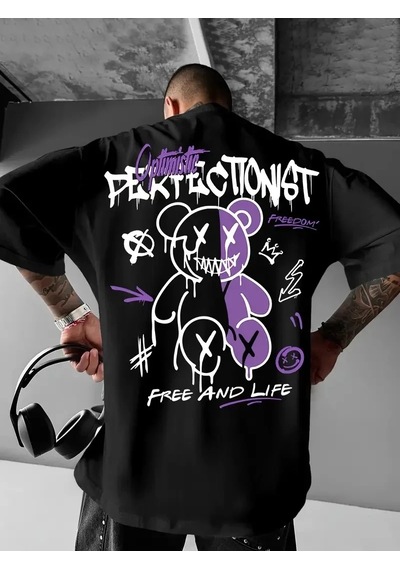 Erkek T-shirt Baskılı Bisiklet Yaka Kısa Kol Tişört - Siyah