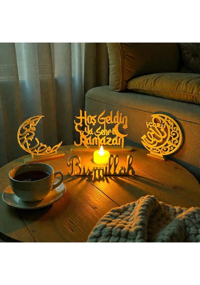 Led Mumlu Hoş Geldin Ya Şehr-i Ramazan Dekor Seti 3 Lü Hilal & Bismillah Masaüstü İslami Dekor
