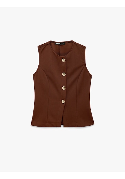Koton Mücevher Düğme Detaylı Bisiklet Yaka Peplum Yelek Kahverengi 6wak30148ek Kahve