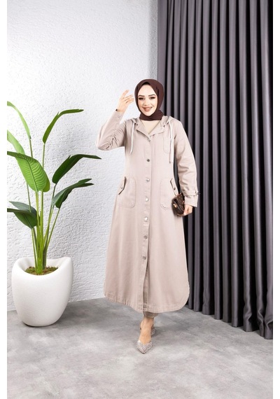 Harman Butik Kadın Düğmeli Cepli Gabardin Kap Krem Krem