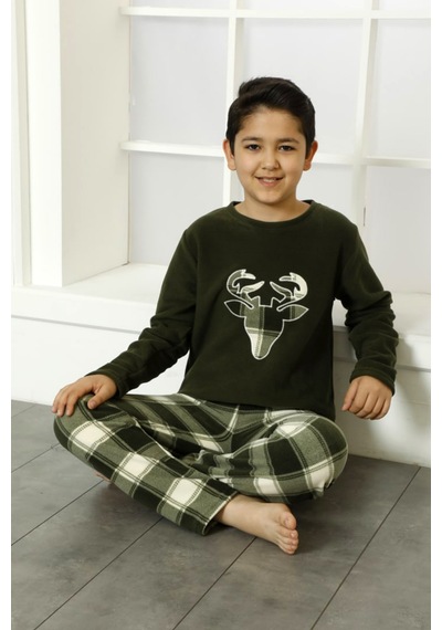 Nisanca Kışlık Baba Oğul Polar Pijama Takımı -geyikli Yılbaşı Aile Pijaması- Tek Adet Haki
