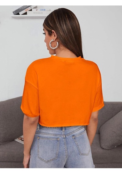 Flood Of Style Kadın Turuncu Bisiklet Yaka Oversize Crop T-shirt
