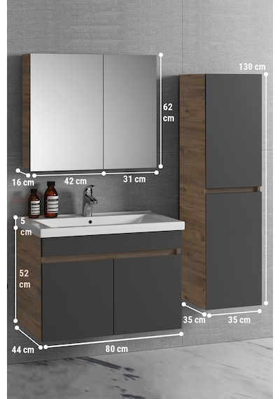 Çiğdem 80+35 Cm Atlantik Çam-Antrasit Gri Mat Mdf Seramik Lavabol Antrasit - Atlantik Çam