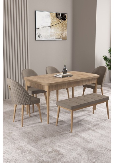 Milas Meşe Desen 80x132 Mdf Açılabilir Mutfak Masası Takımı 4 Sandalye, 1 Bench Cappucino Milas Meşe Desen 80x132 Mdf Açılabilir Mutfak Masası Takımı 4 Sandalye, 1 Bench Cappucino
