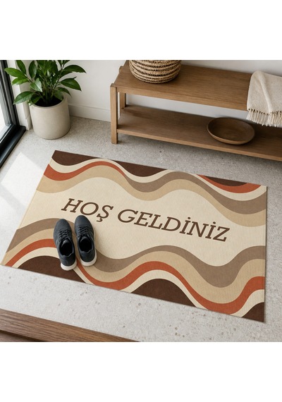 Kartela Halı Hoş Geldiniz Yazılı Retro Dalga Kapı Paspası Bej Kaymaz Kauçuk Taban 40x60 Cm