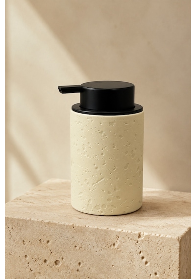 Terra Stoneware Traverten Dokulu Siyah Pompalı Dekoratif Sıvı Sabunluk 500 Ml , 13 X 7.5 Cm Bej