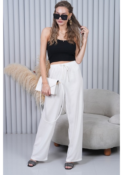 Polologin Butik Beli Bağcıklı Yüksek Bel Bol Paça Beyaz Pantolon Beyaz
