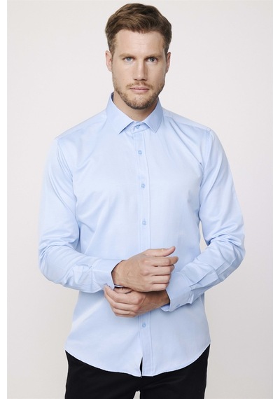 Tudors Modern Slim Fit Düz Saten Pamuklu Erkek Sax Mavi Gömlek-23057-sax Mavi Saks Mavisi